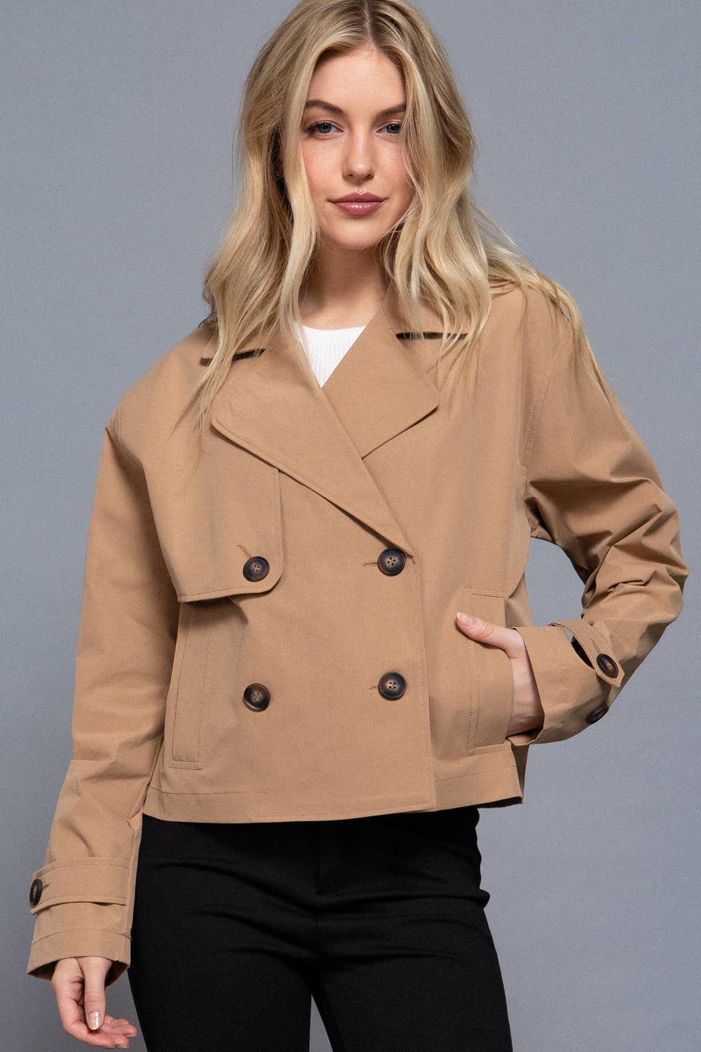 `.Double Breasted Short Trench Jacket: KHA-sand khaki-185739 / S
