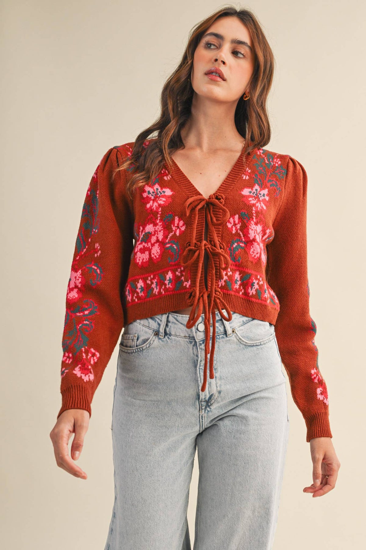 FLORAL KNIT TIE-FRONT CROPPED SWEATER CARDIGAN MSW11133