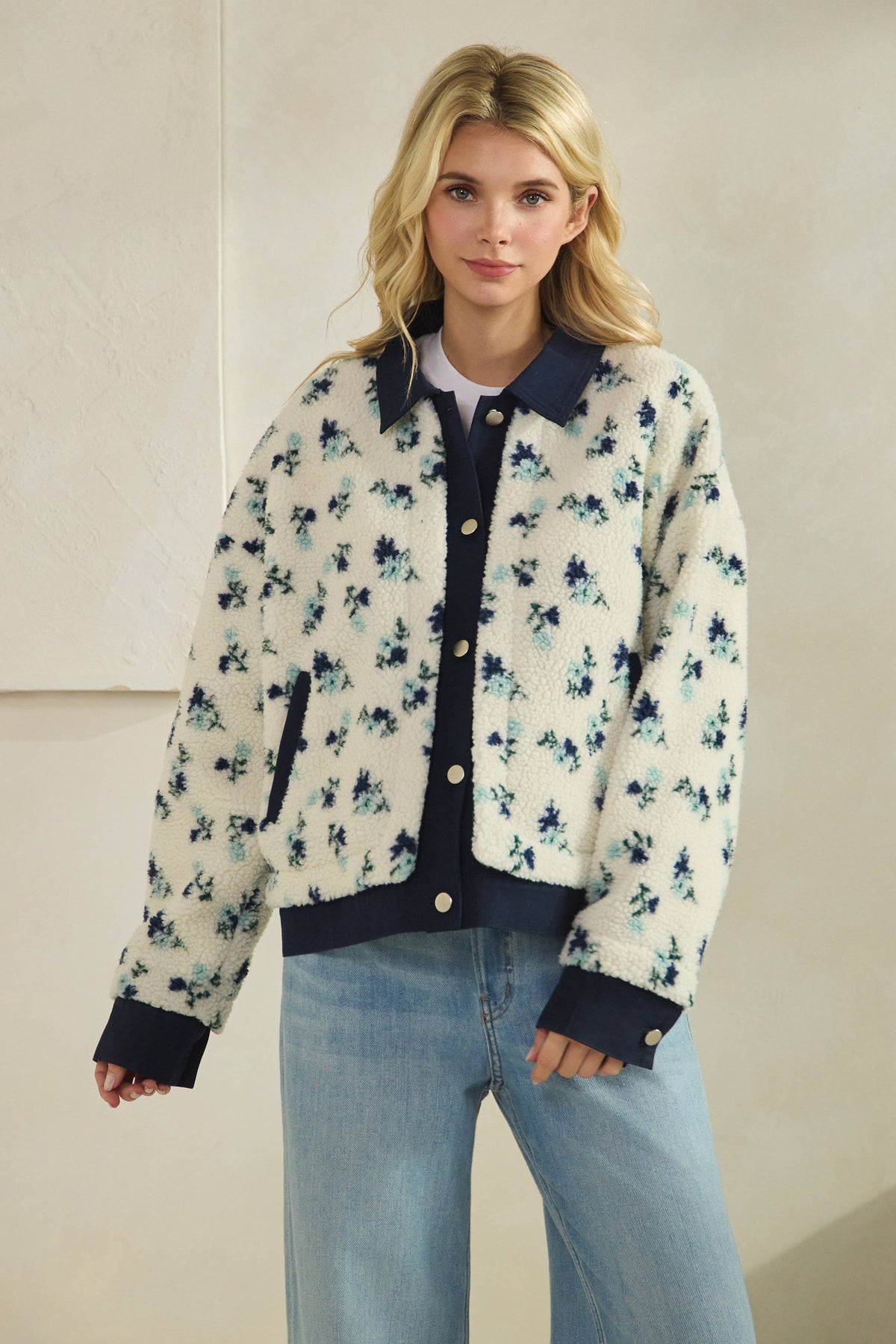 Printed Contrast Button Down Sweater