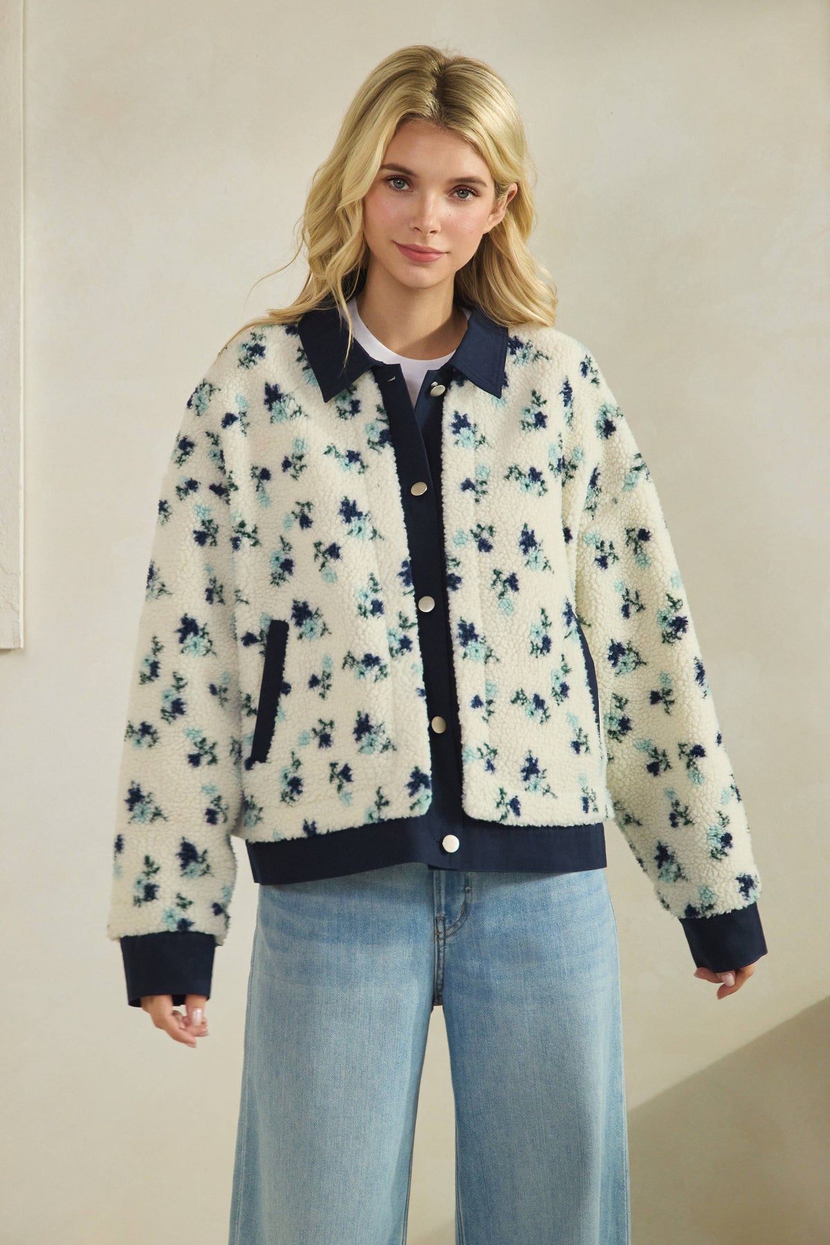 Printed Contrast Button Down Sweater