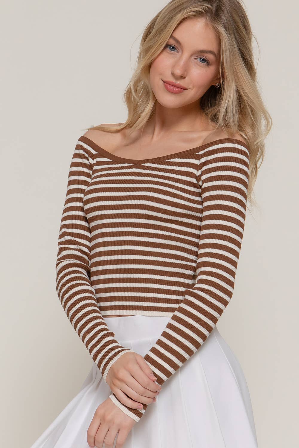 ..0619 Long Sleeve Wide Neck Fitted Stripe Sweater SI-26632: BRN-chocolate-184307 / S