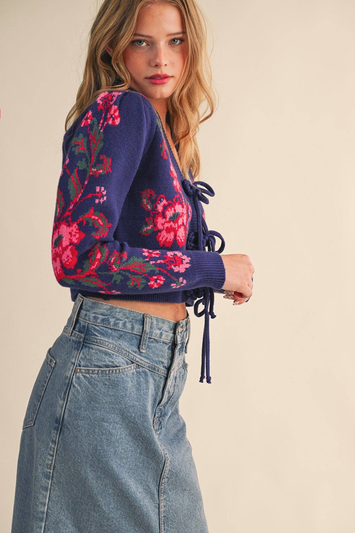 FLORAL KNIT TIE-FRONT CROPPED SWEATER CARDIGAN MSW11133