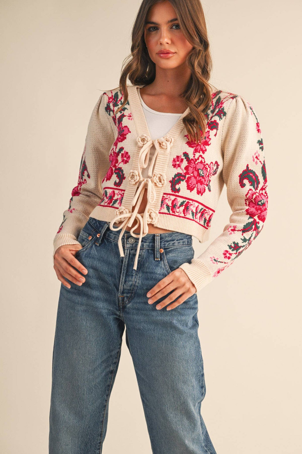 FLORAL KNIT TIE-FRONT CROPPED SWEATER CARDIGAN MSW11133