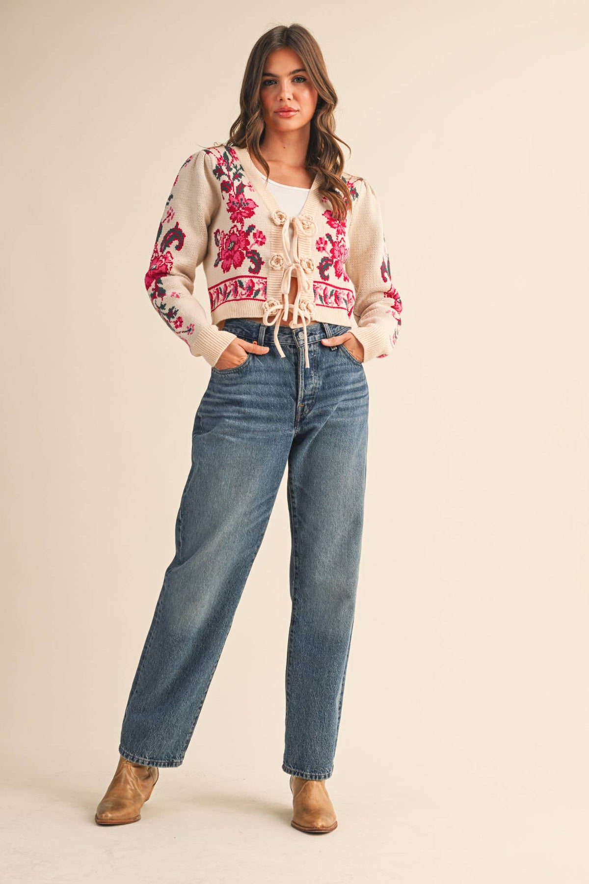 FLORAL KNIT TIE-FRONT CROPPED SWEATER CARDIGAN MSW11133
