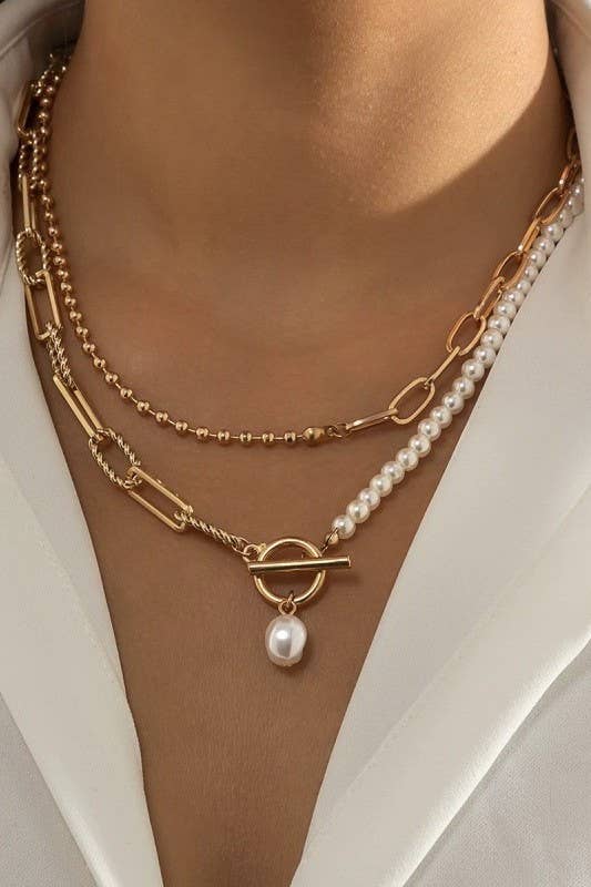 PEARL MIX DOUBLE LAYER TOGGLE NECKLACE | 40NK9460