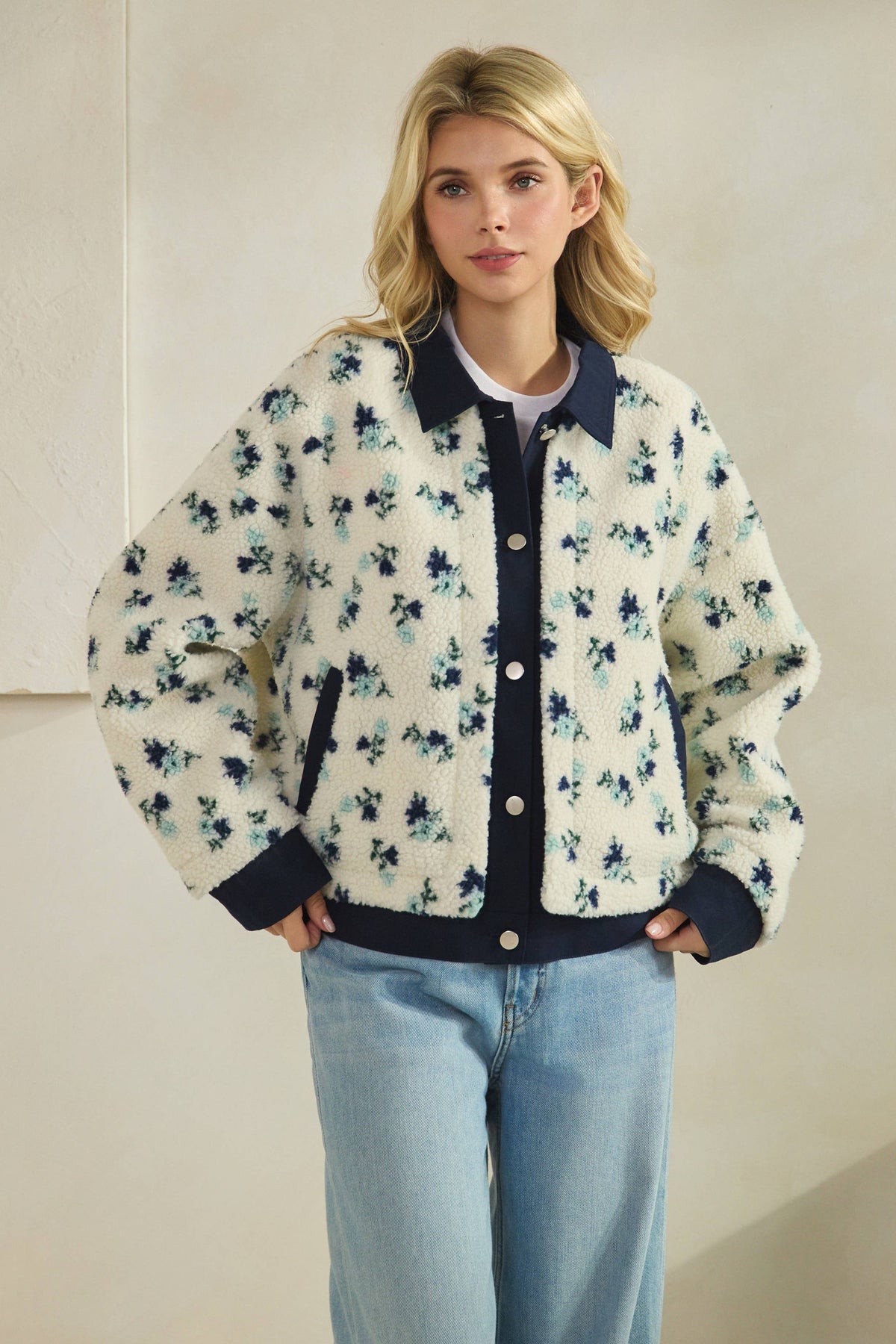 Printed Contrast Button Down Sweater