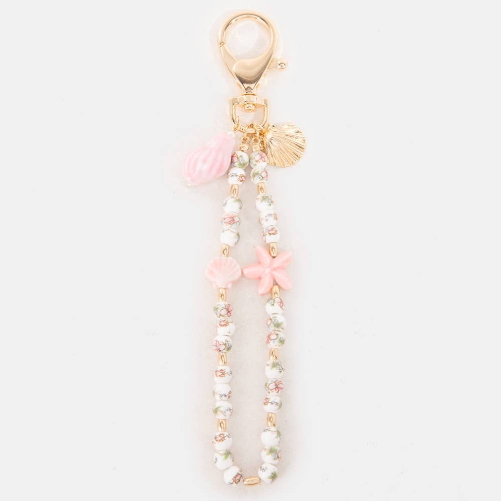 Pink Sea Shells And Floral Ceramic Beaded Bag Chain: GPK