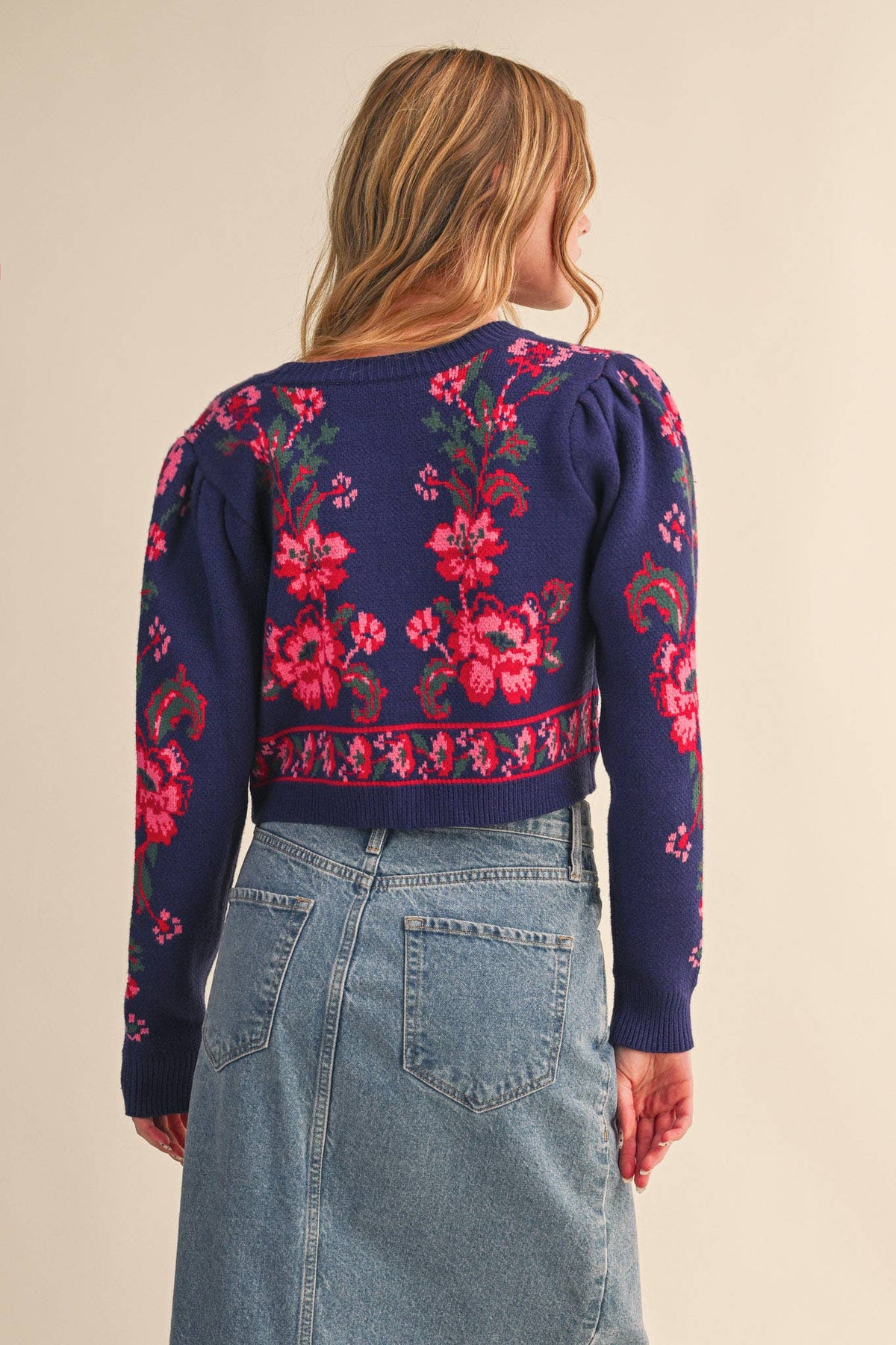 FLORAL KNIT TIE-FRONT CROPPED SWEATER CARDIGAN MSW11133
