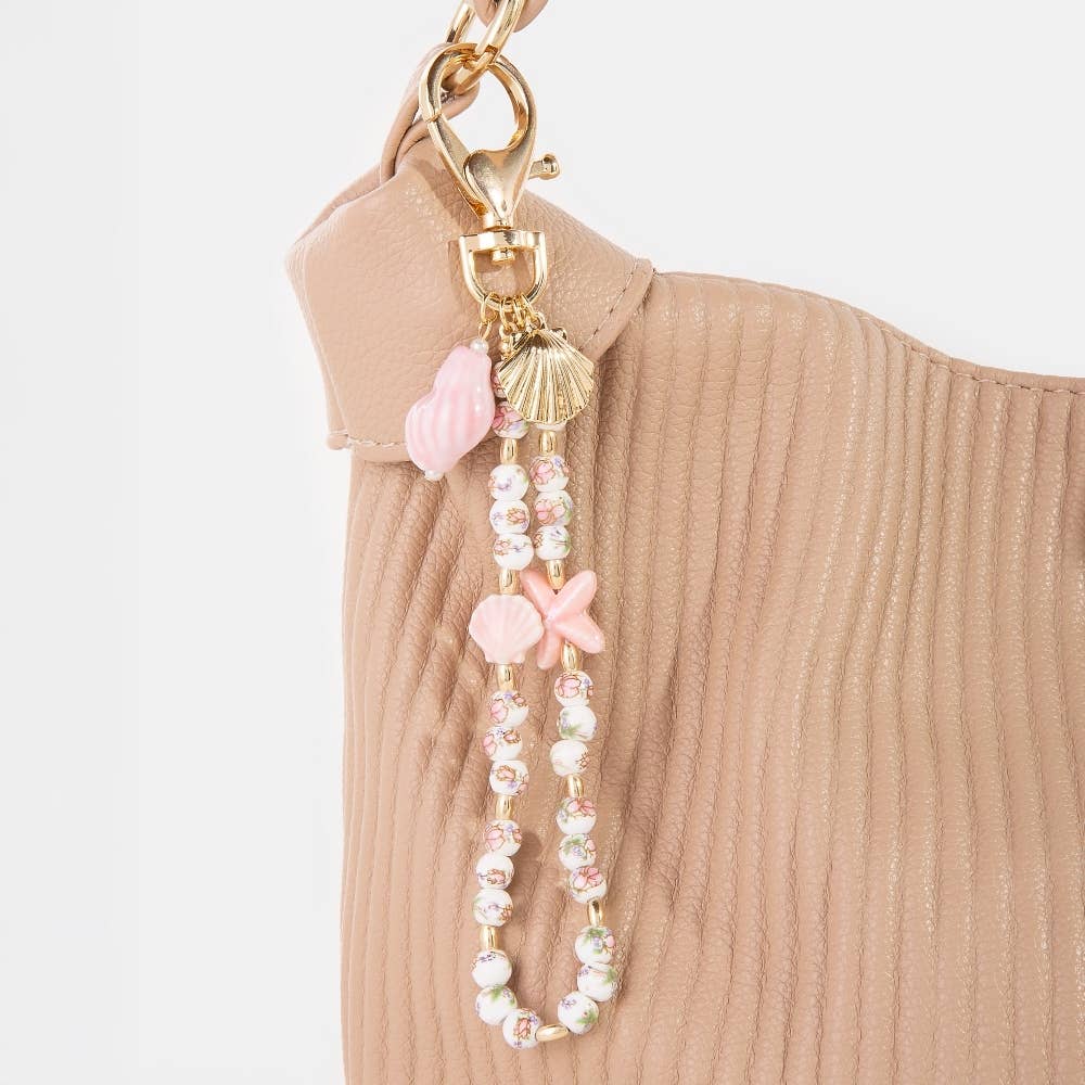 Pink Sea Shells And Floral Ceramic Beaded Bag Chain: GPK