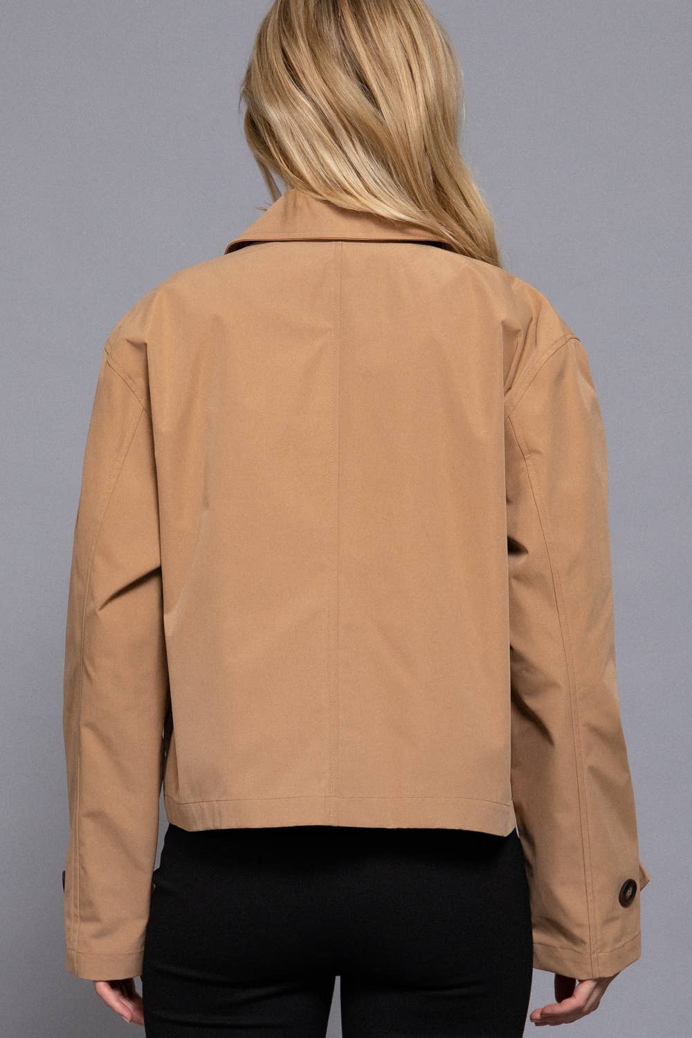 `.Double Breasted Short Trench Jacket: KHA-sand khaki-185739 / L