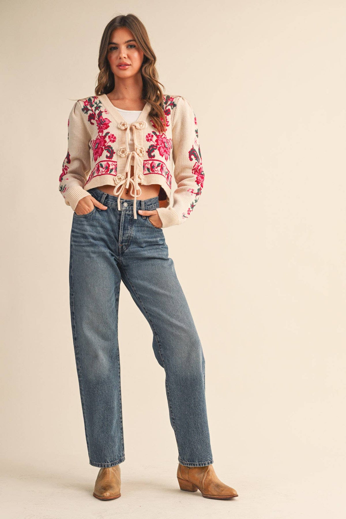 FLORAL KNIT TIE-FRONT CROPPED SWEATER CARDIGAN MSW11133