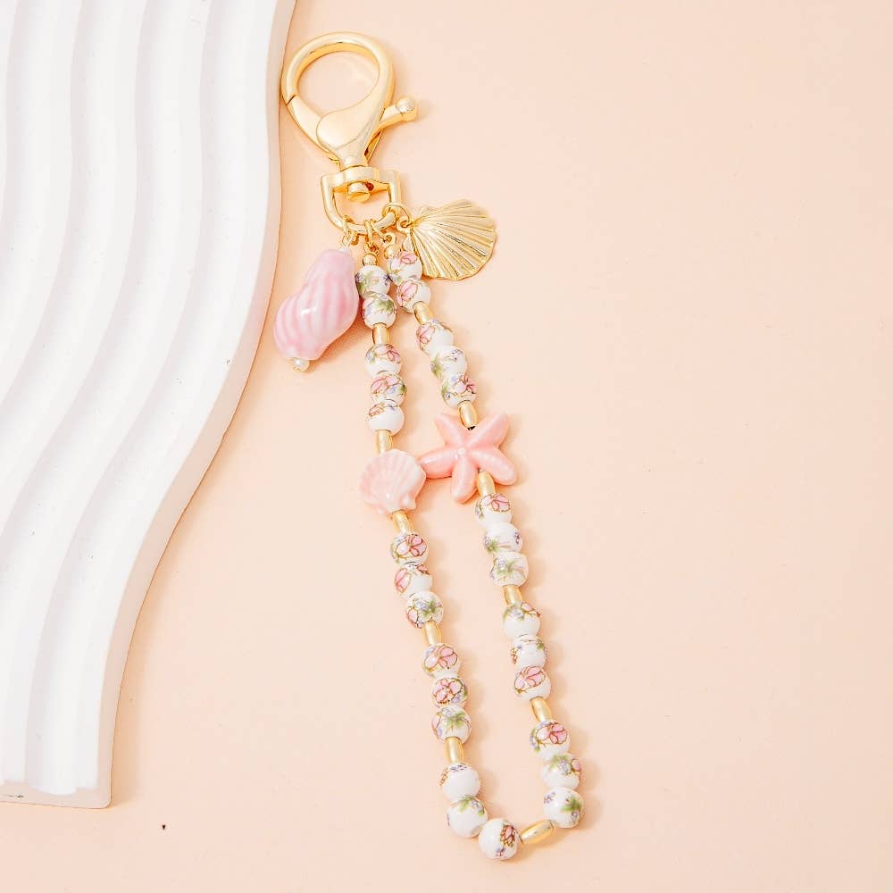 Pink Sea Shells And Floral Ceramic Beaded Bag Chain: GPK