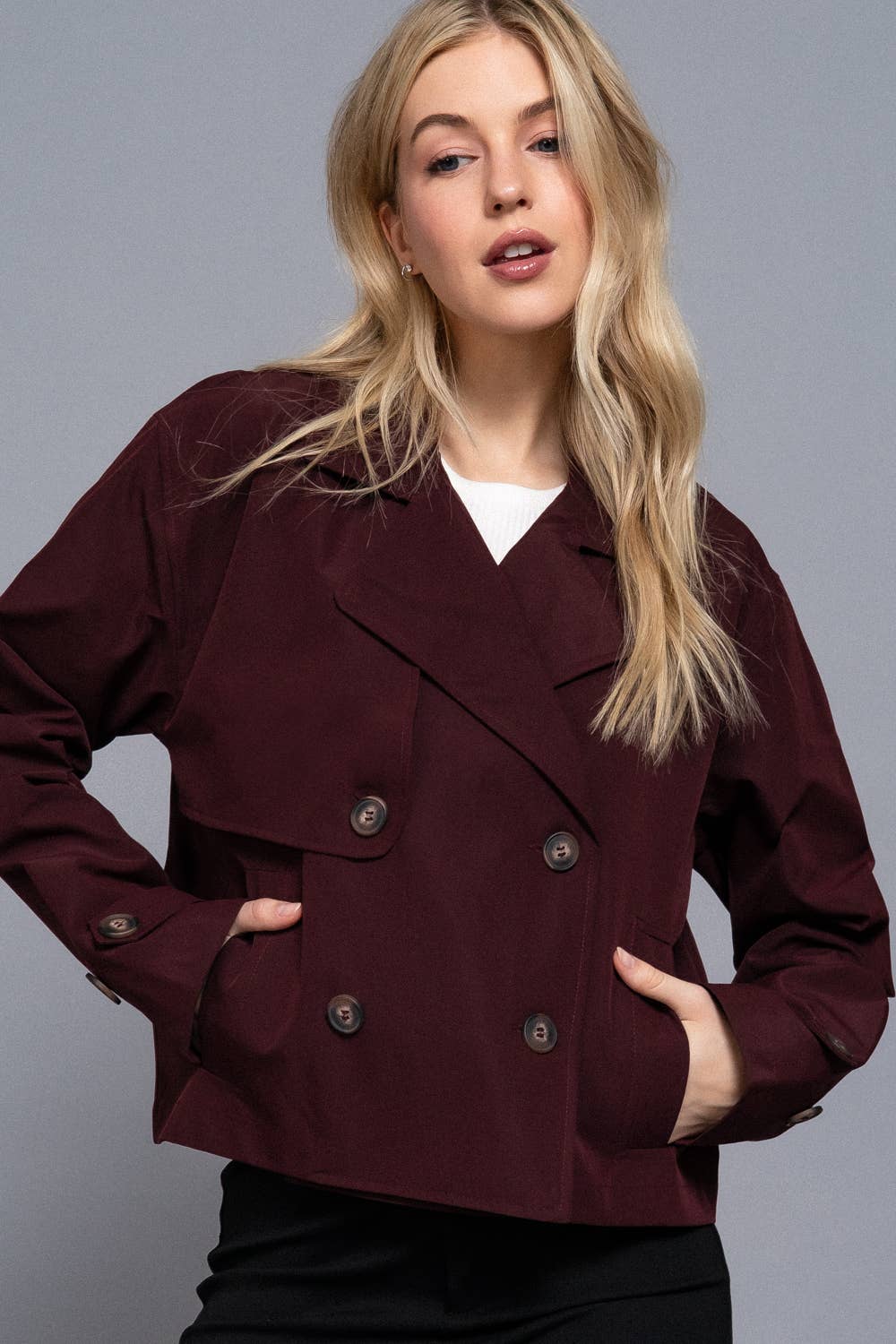 `.Double Breasted Short Trench Jacket: KHA-sand khaki-185739 / L