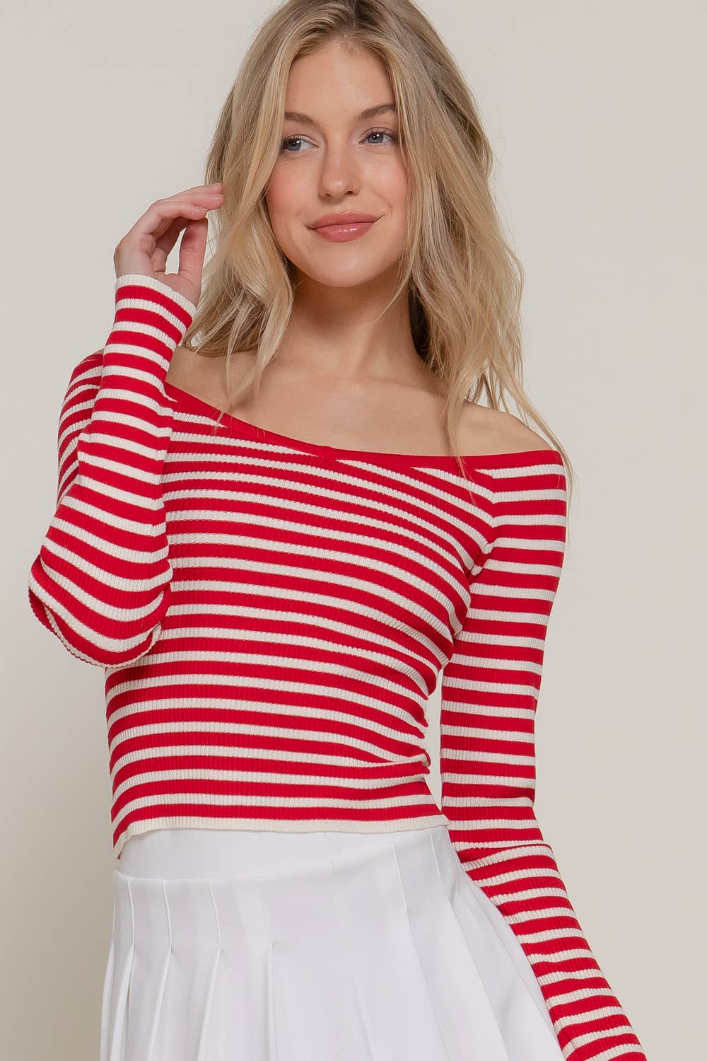 ..0619 Long Sleeve Wide Neck Fitted Stripe Sweater SI-26632: BRN-chocolate-184307 / S