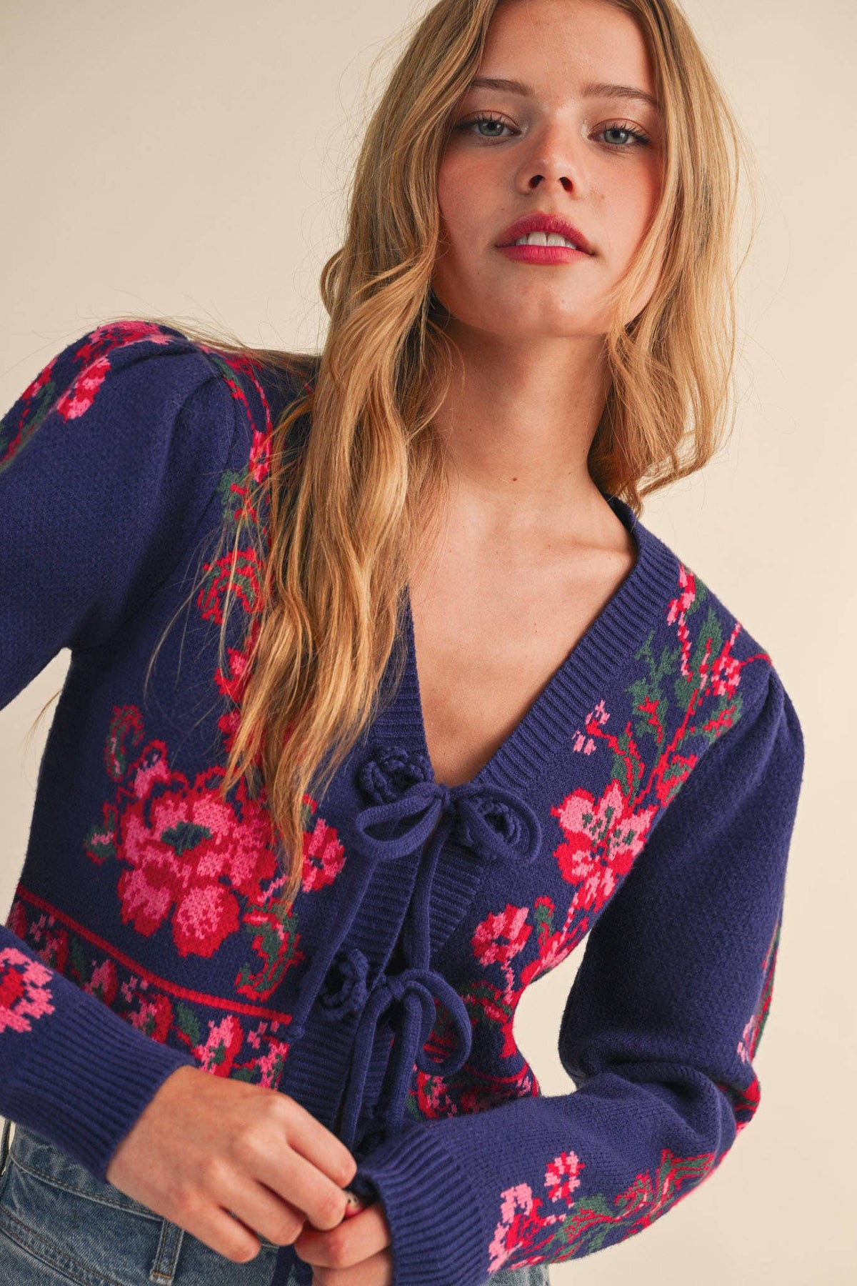 FLORAL KNIT TIE-FRONT CROPPED SWEATER CARDIGAN MSW11133