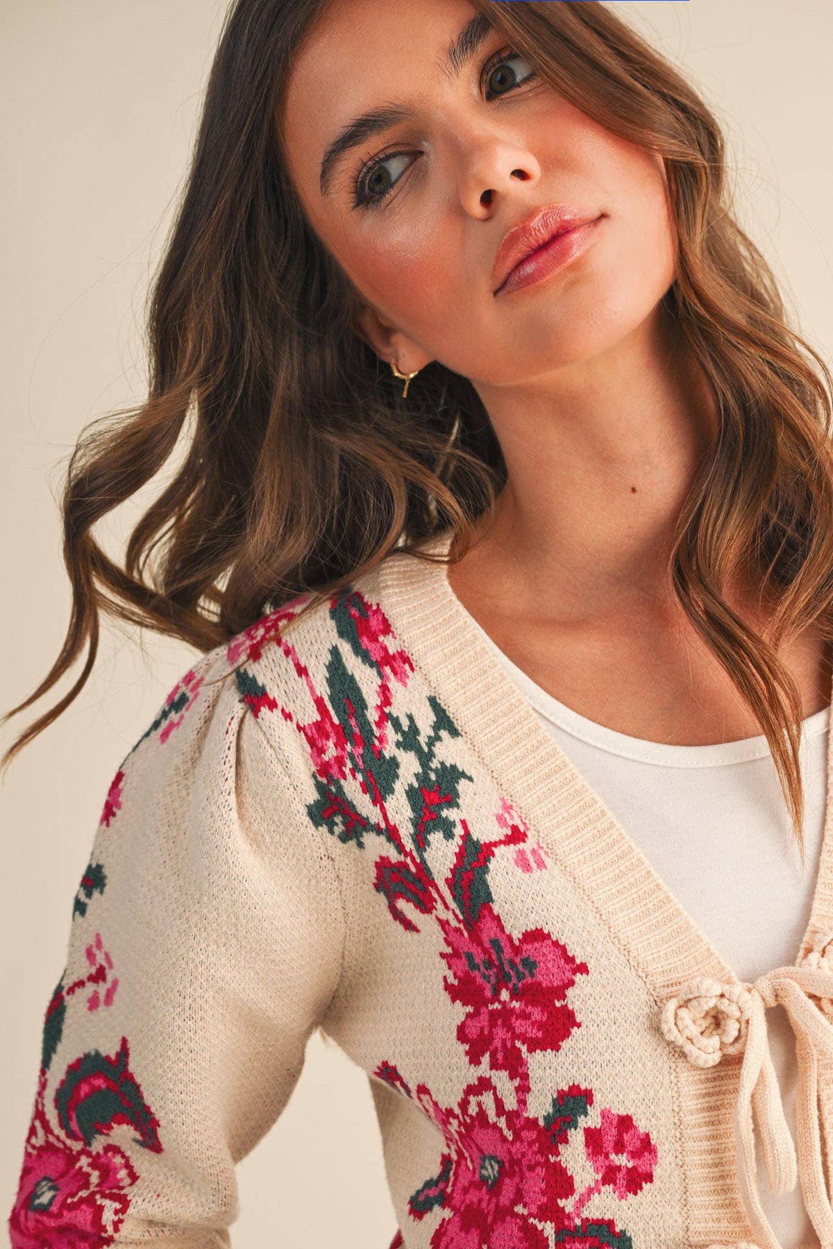 FLORAL KNIT TIE-FRONT CROPPED SWEATER CARDIGAN MSW11133