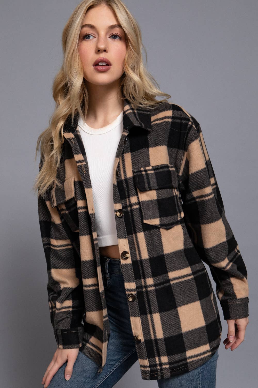 , 0711 Long Sleeve Check Printed Fleece Shacket SI-28274: TPE-taupe-185554 / L