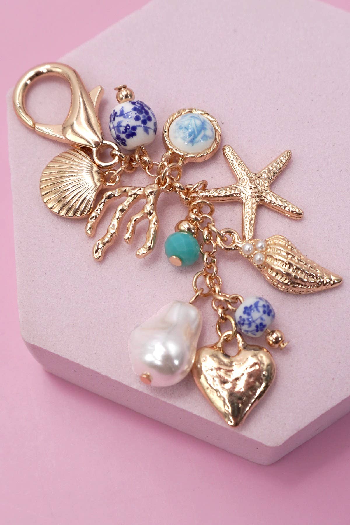 PORCELAIN SEA LIFE PEARL HEART TURQ BEAD BAG CHARM | 80K009