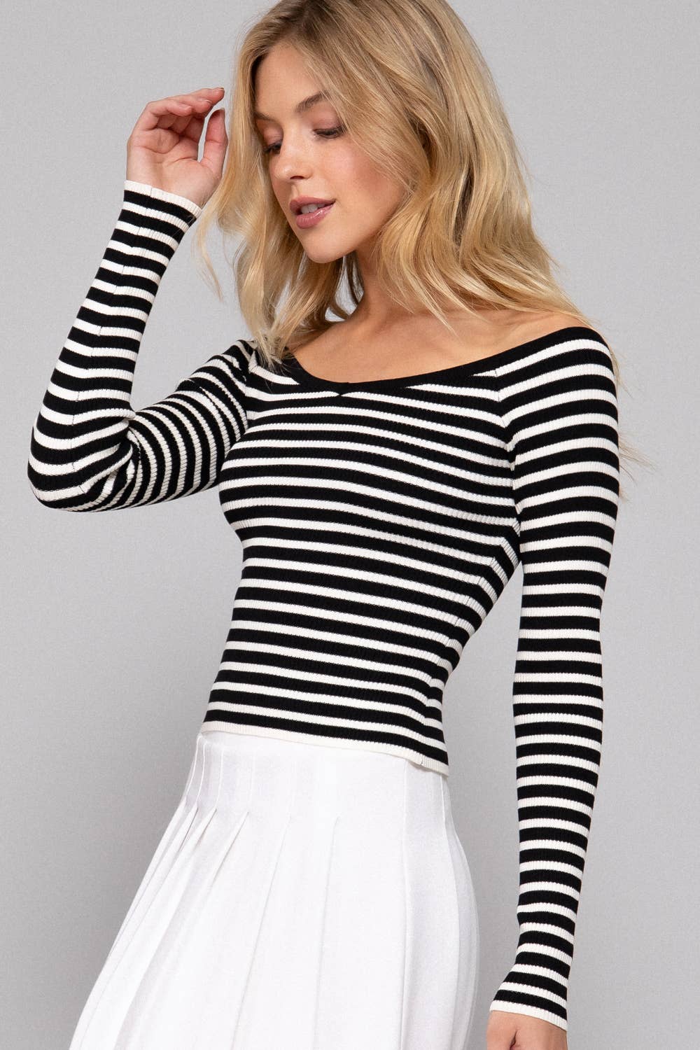 ..0619 Long Sleeve Wide Neck Fitted Stripe Sweater SI-26632: BRN-chocolate-184307 / M