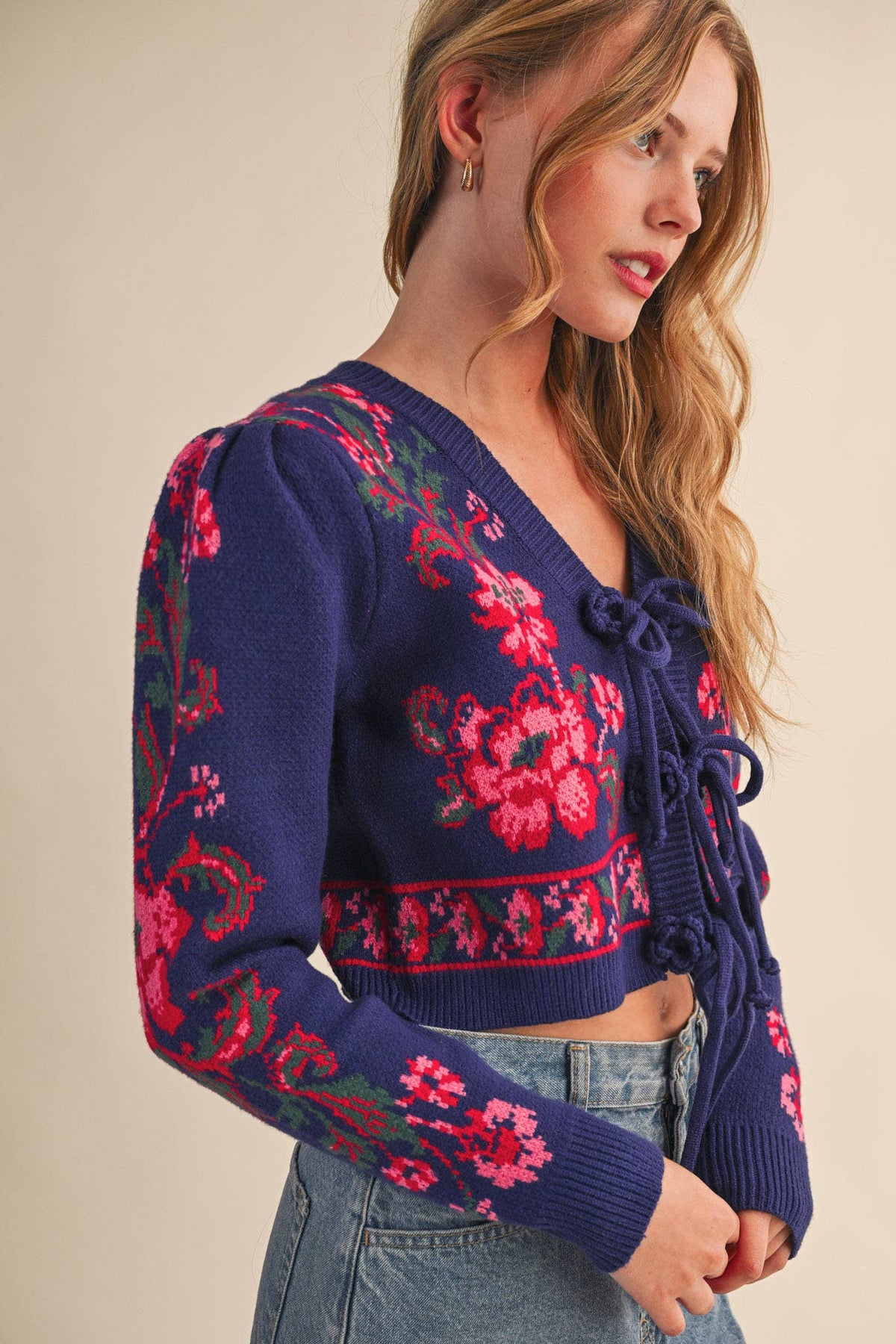 FLORAL KNIT TIE-FRONT CROPPED SWEATER CARDIGAN MSW11133