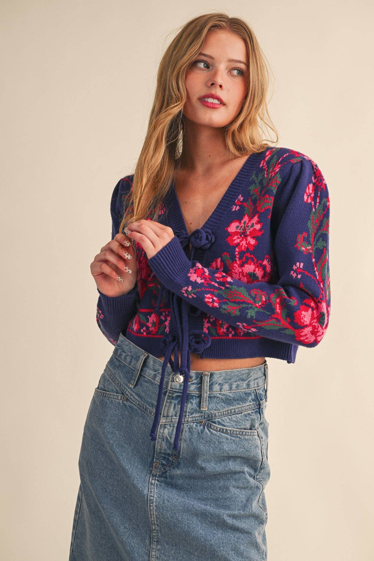 FLORAL KNIT TIE-FRONT CROPPED SWEATER CARDIGAN MSW11133