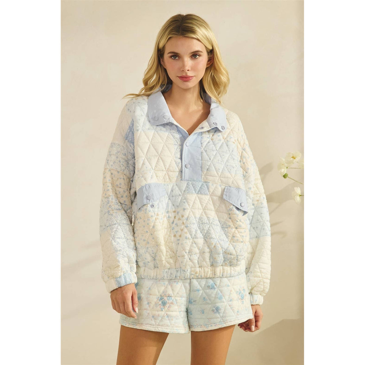 Textured Contrast printed Quarterzip Sweater