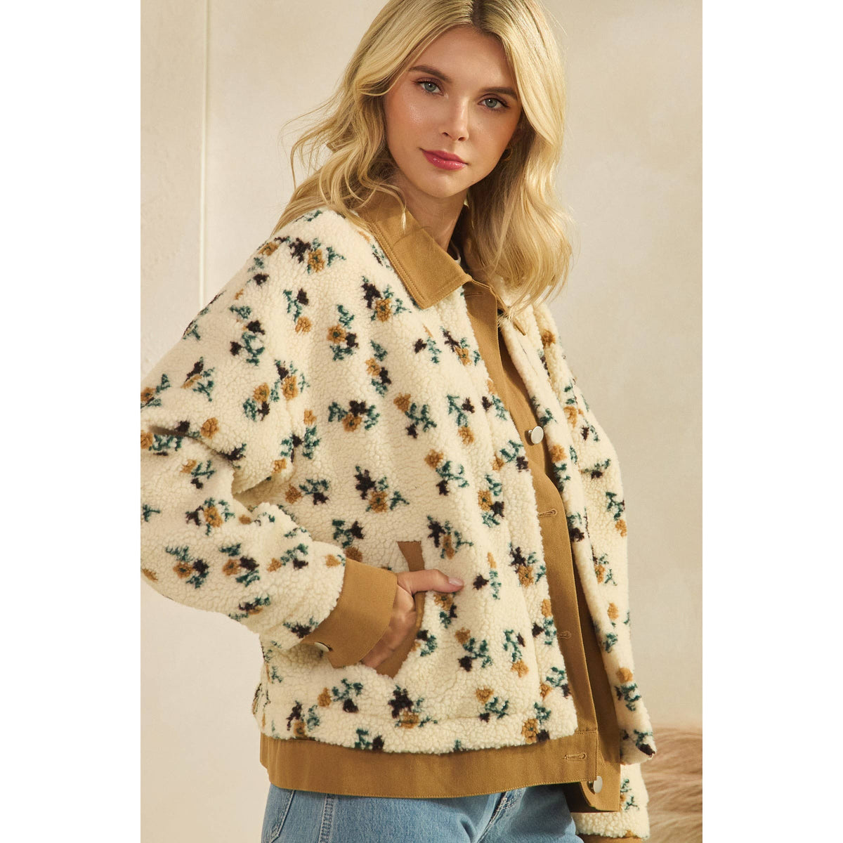 Printed Contrast Button Down Sweater