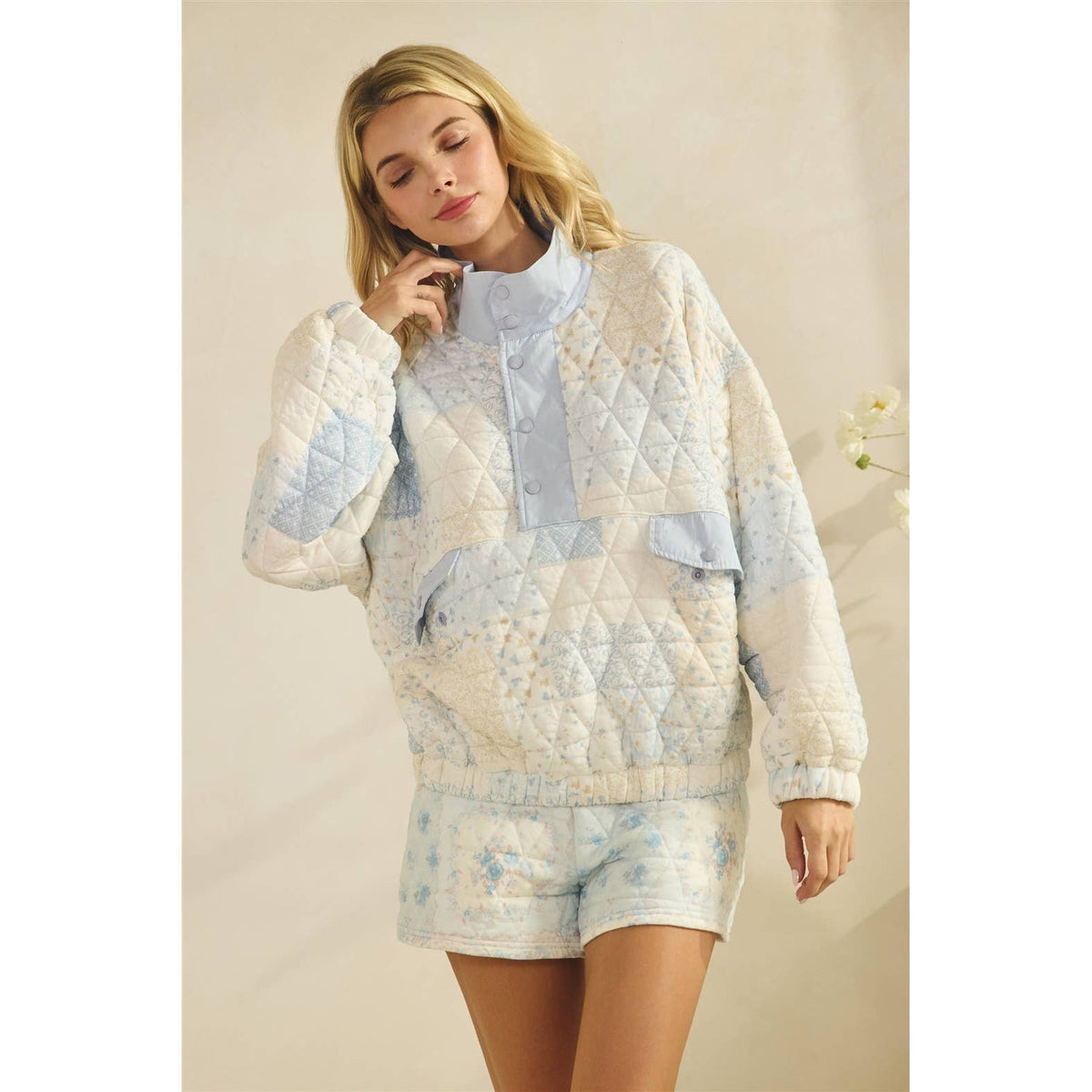 Textured Contrast printed Quarterzip Sweater