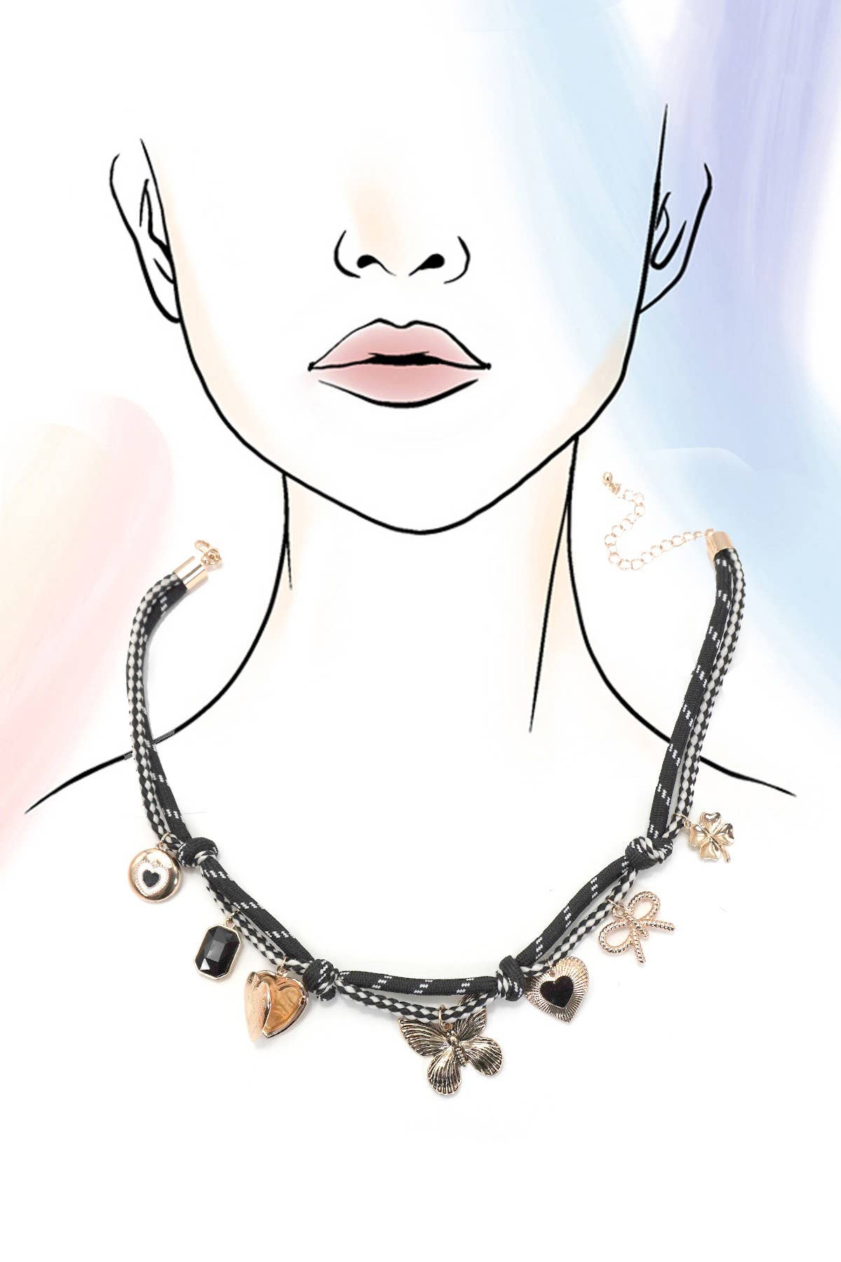 DOUBLE CORD CHARM NECKLACE - HEART LOCKET CLOVER | 80N92317