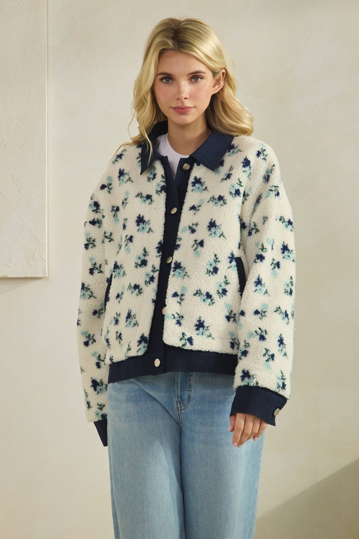 Printed Contrast Button Down Sweater