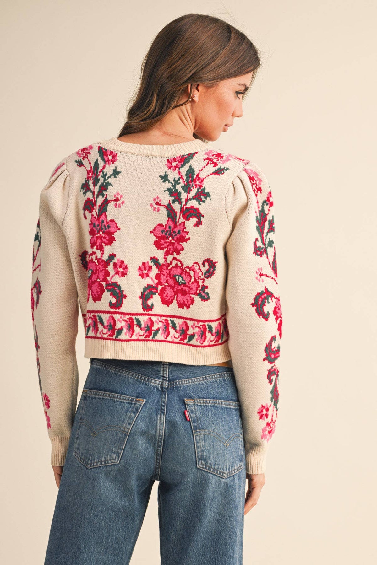 FLORAL KNIT TIE-FRONT CROPPED SWEATER CARDIGAN MSW11133