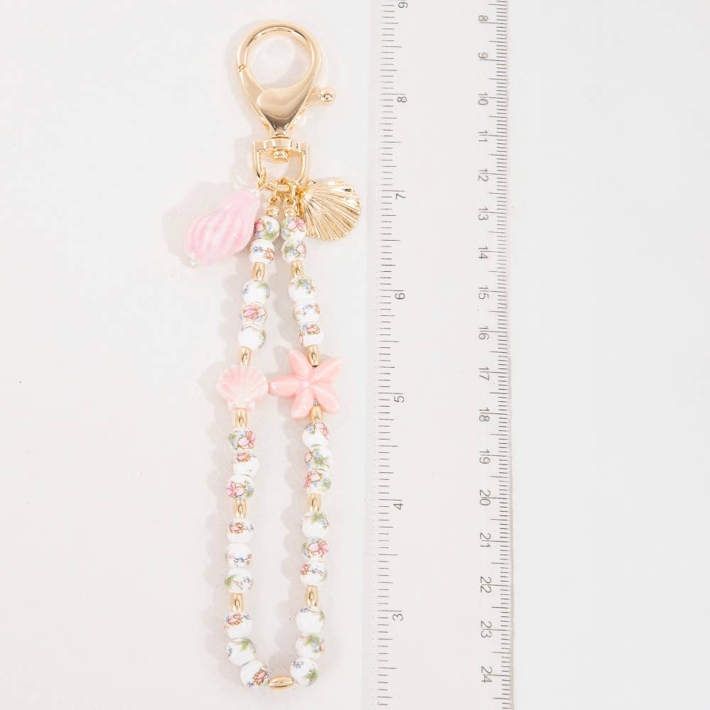 Pink Sea Shells And Floral Ceramic Beaded Bag Chain: GPK