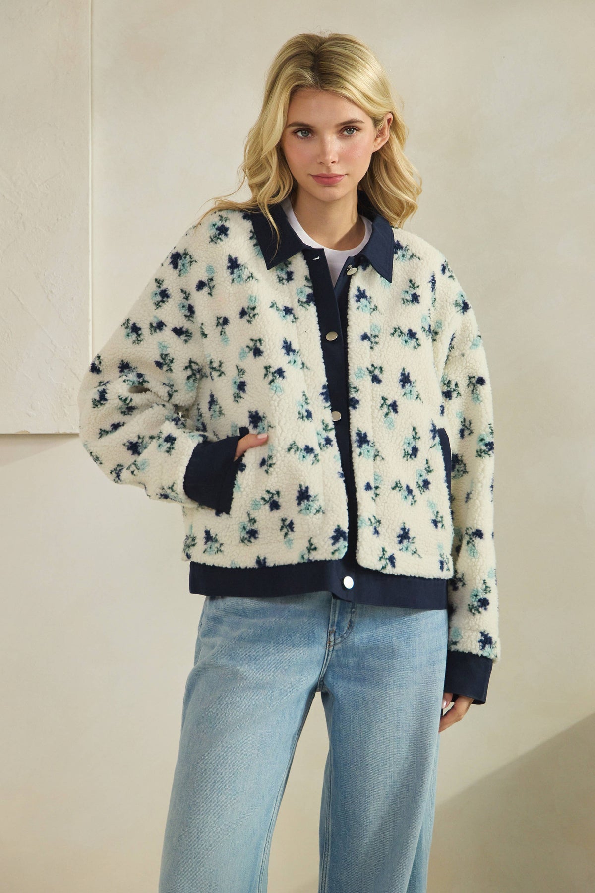 Printed Contrast Button Down Sweater