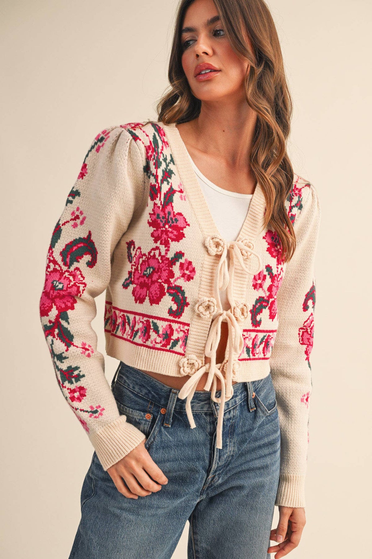 FLORAL KNIT TIE-FRONT CROPPED SWEATER CARDIGAN MSW11133