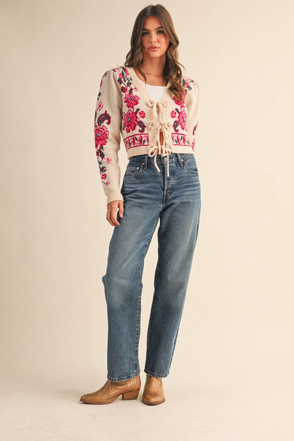 FLORAL KNIT TIE-FRONT CROPPED SWEATER CARDIGAN MSW11133