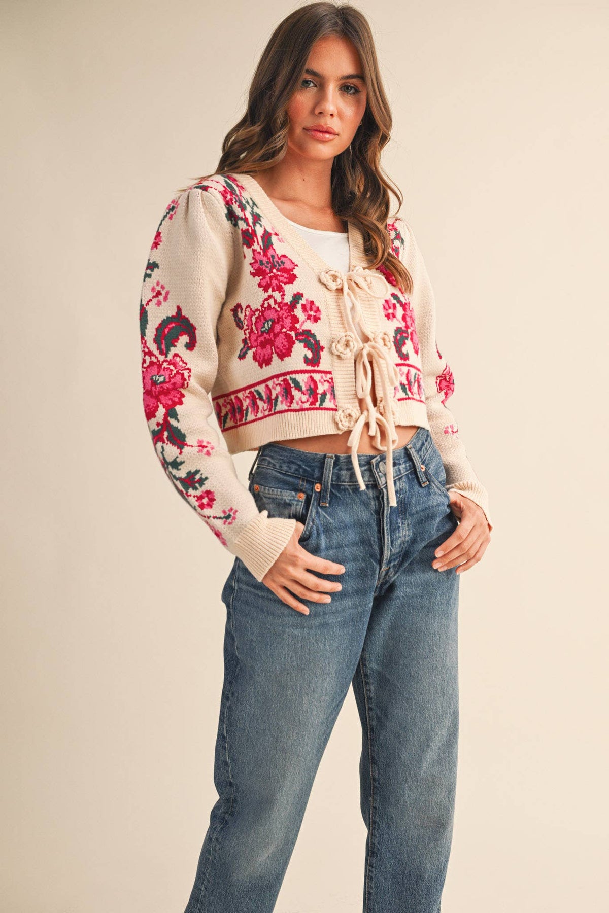 FLORAL KNIT TIE-FRONT CROPPED SWEATER CARDIGAN MSW11133