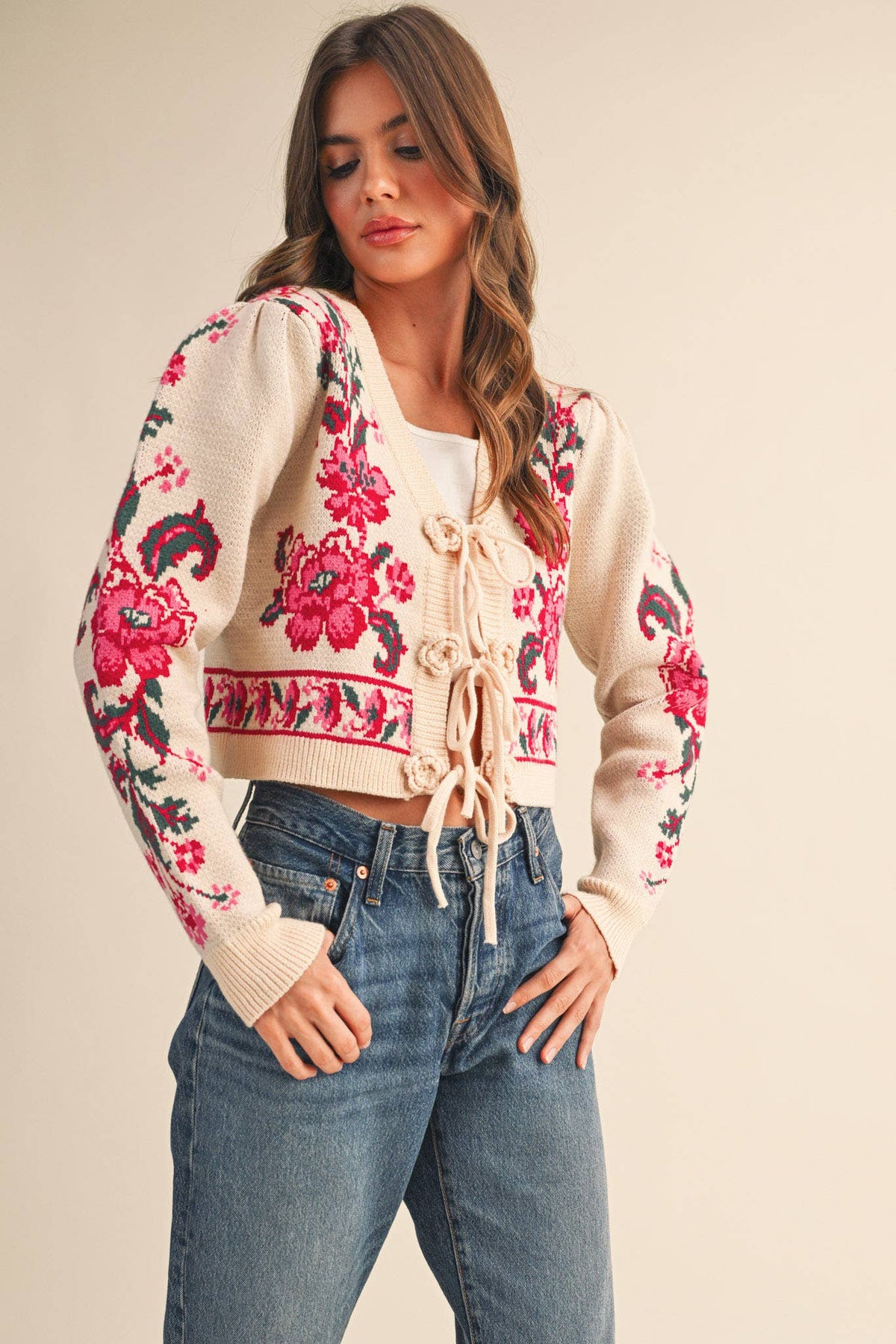 FLORAL KNIT TIE-FRONT CROPPED SWEATER CARDIGAN MSW11133