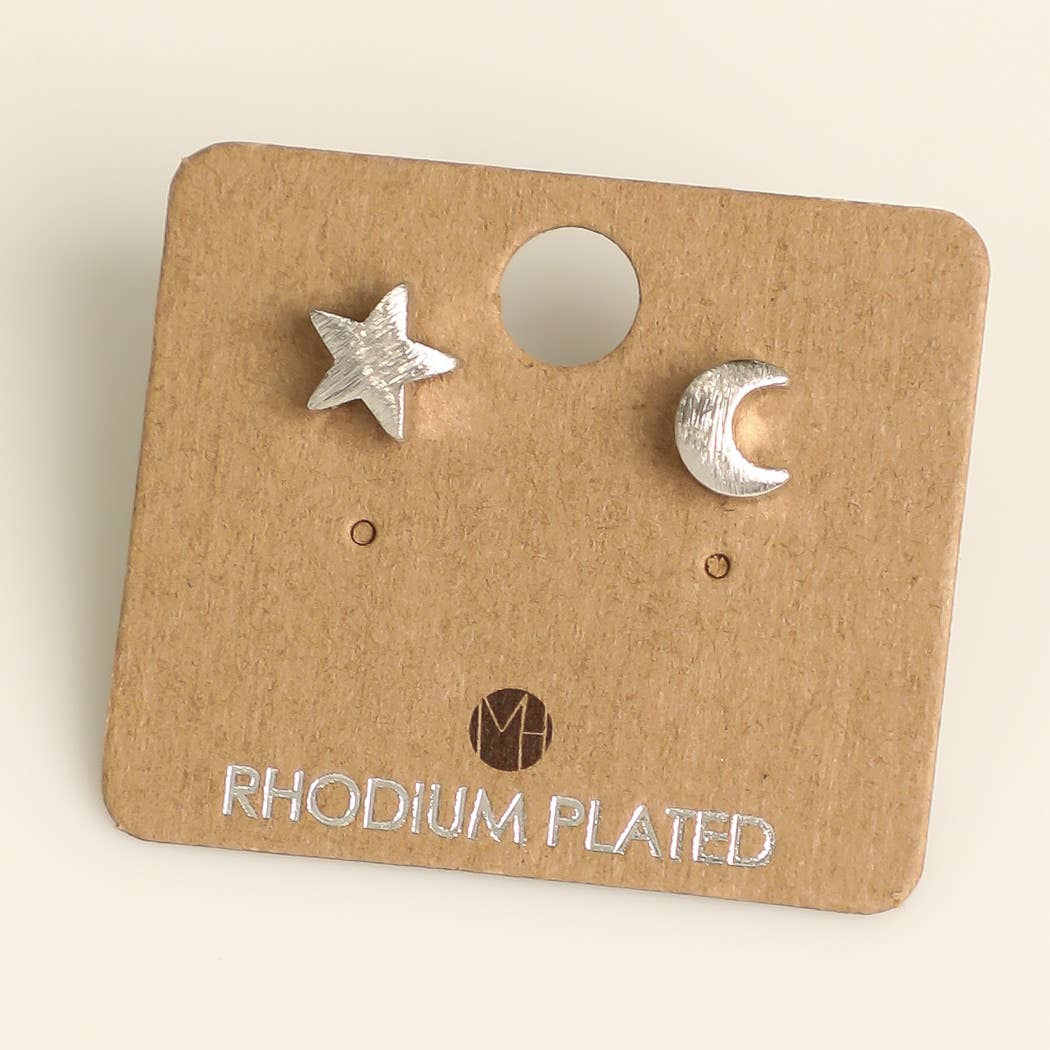 Moon & Star Stud Earrings - silver